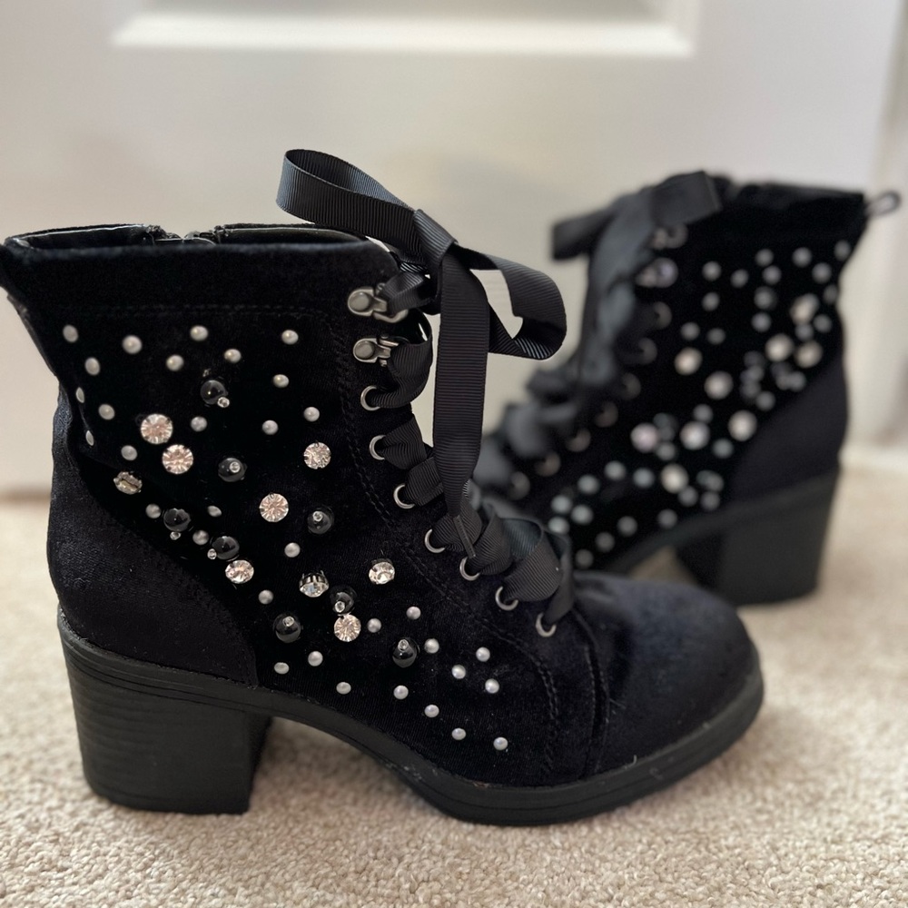 Black Embellished Lace Up Boots